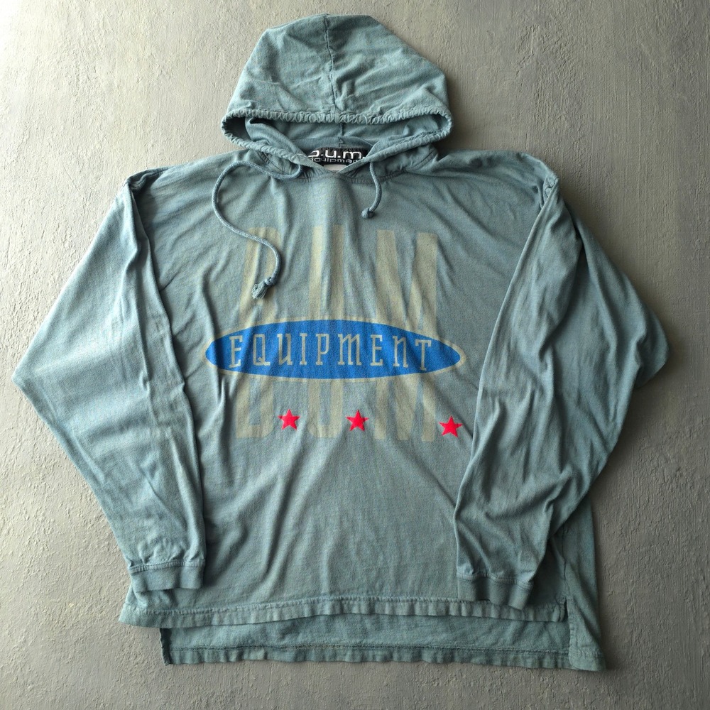 Vintage 90s B.U.M. Equipment Teal Hooded T-shirt Large Graphic Long Sleeve
